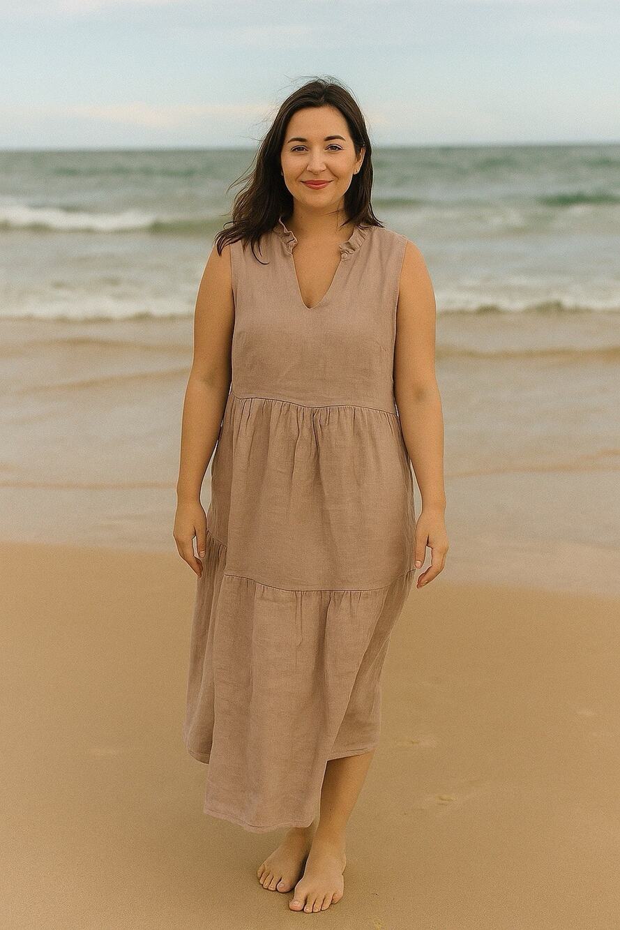 Sleeveless Tiered Midi Dress in Taupe